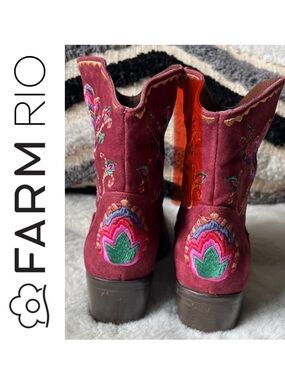 FARM RIO Marsala Boho EMBROIDERED Western ankle booties Size 7 US 36 EU